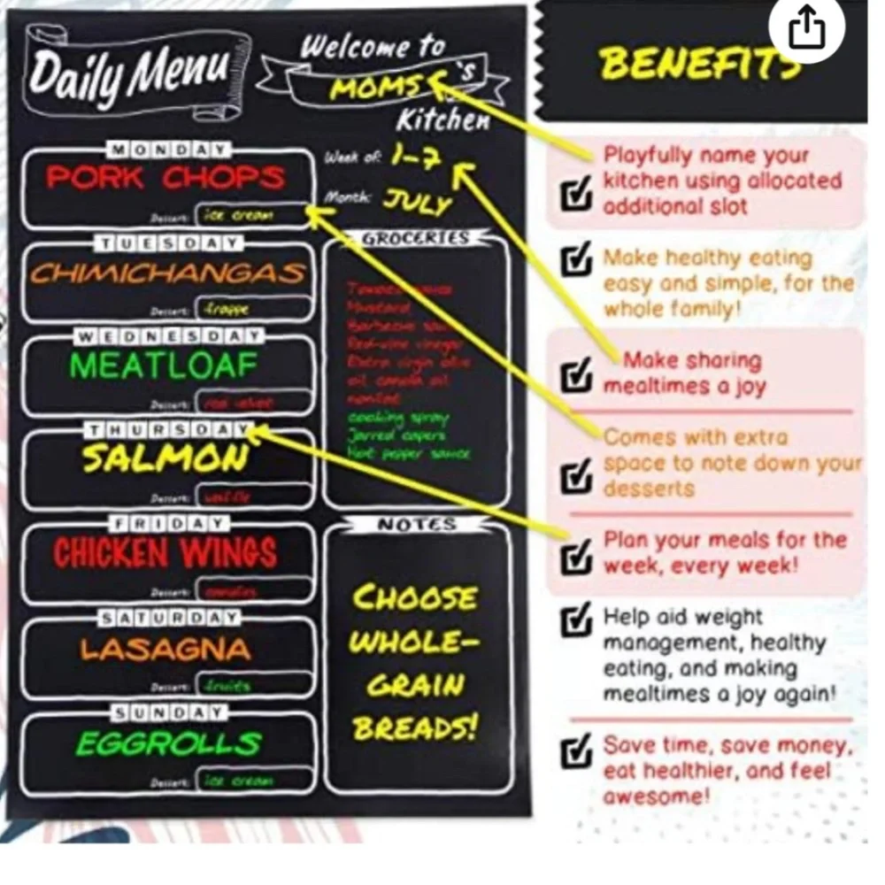 Magnetic Menu Board for refrigerator (DRY MARKERS NOT INCLUDED)